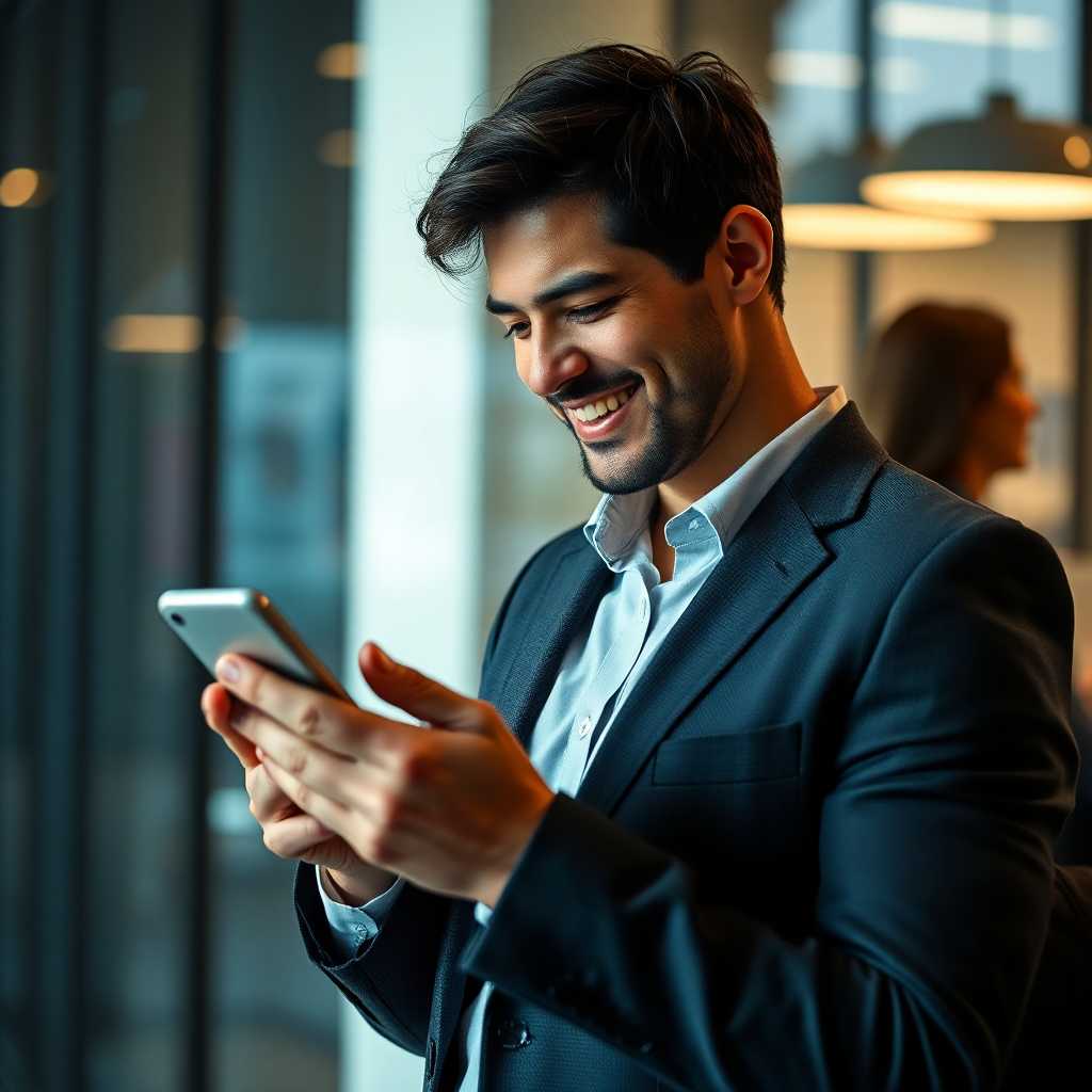 Happy business owner using mobile phone with satisfied expression