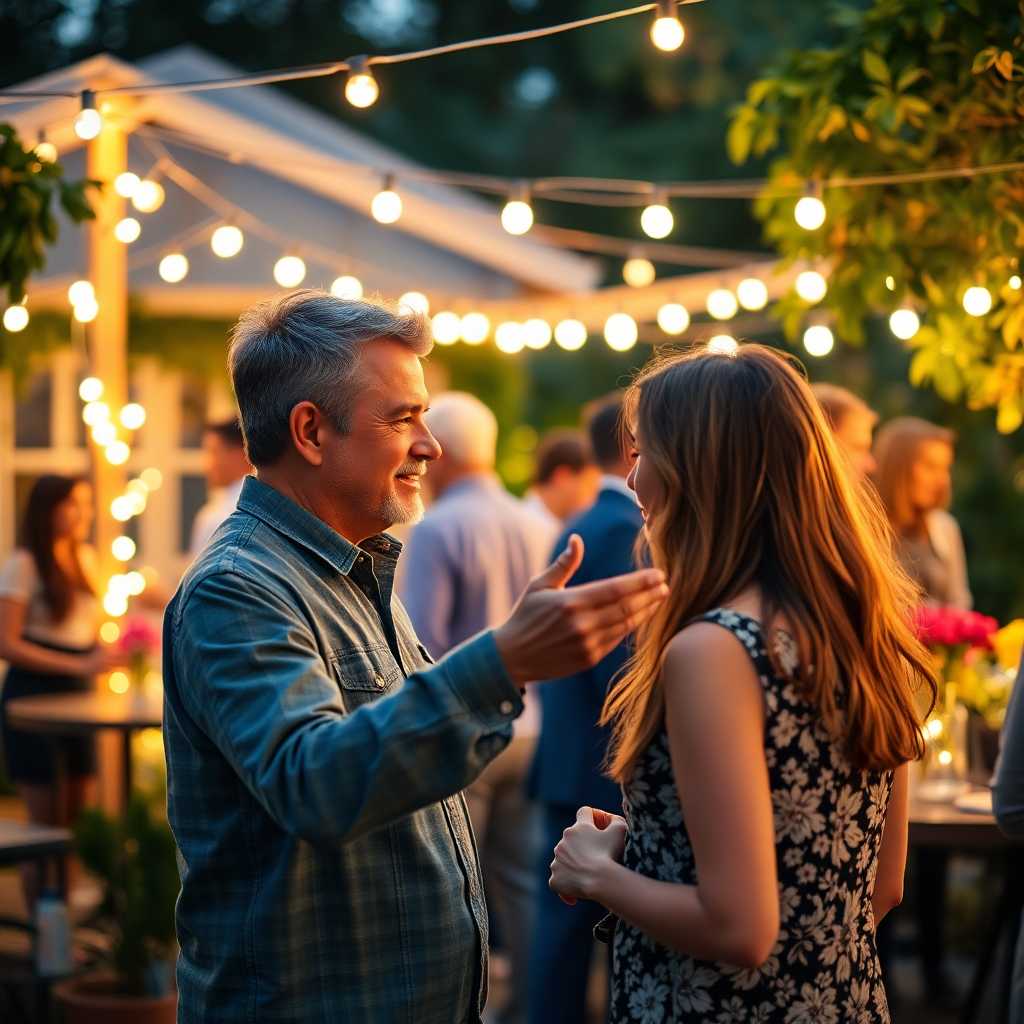 Engaged customer at a lit garden party exploring services