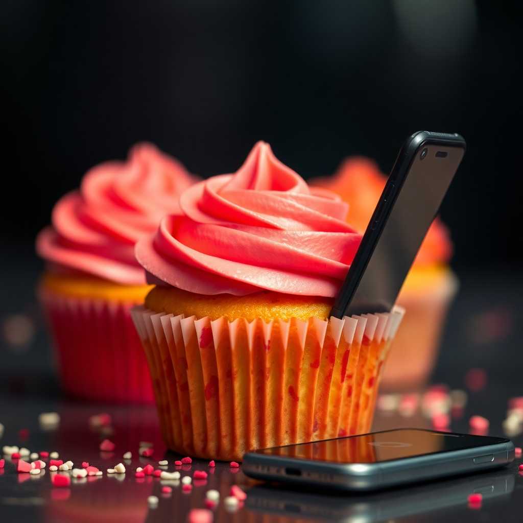 Image of a cupcake with a smartphone
