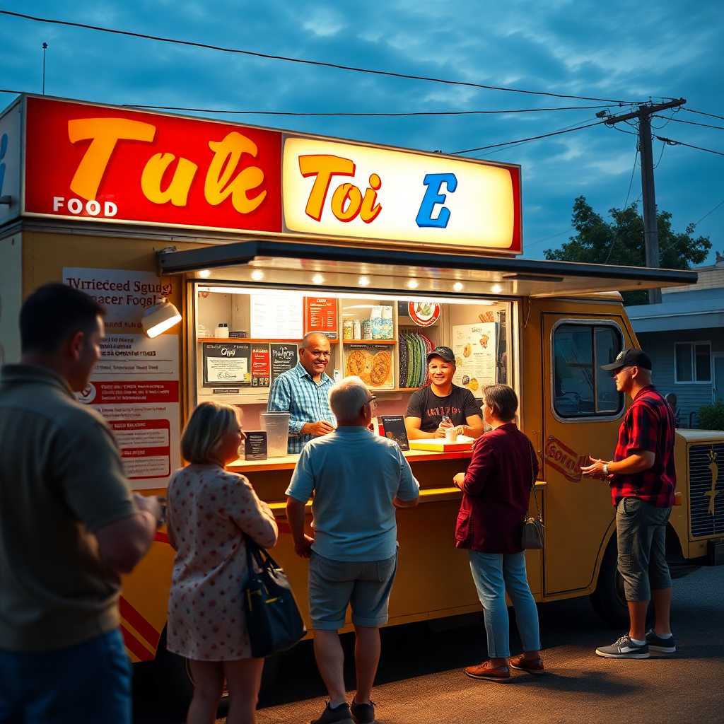 An inviting food truck with happy customers chatting