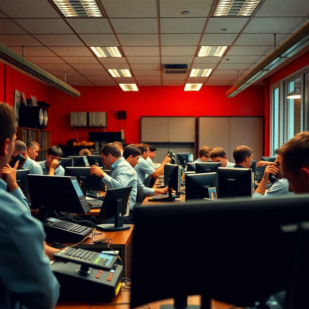 A busy production office with multiple phones ringing.