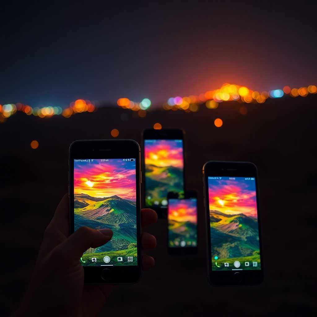 A series of smartphones showcasing vibrant landscape lighting scenes