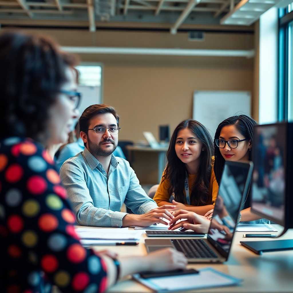 IT trainer assisting a diverse group of students