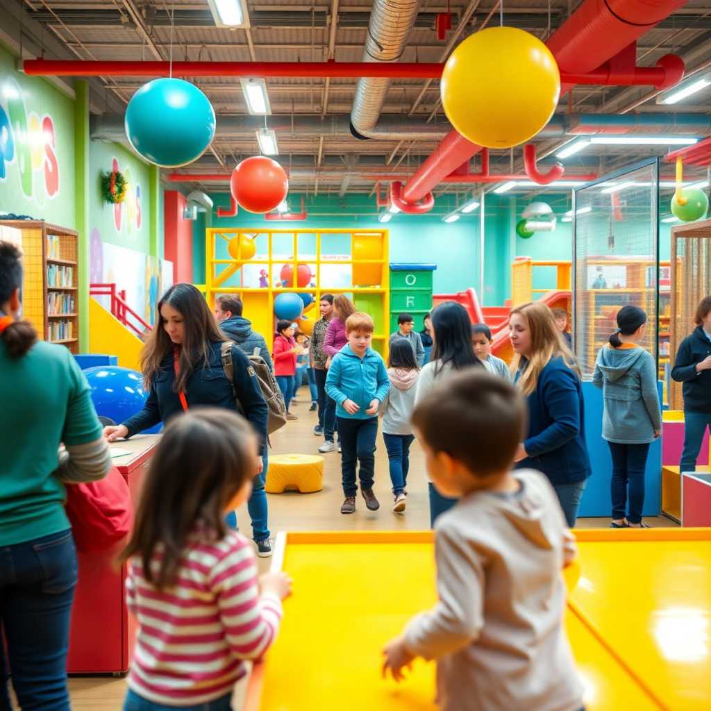 A busy indoor play center with staff managing a raft of inquiries