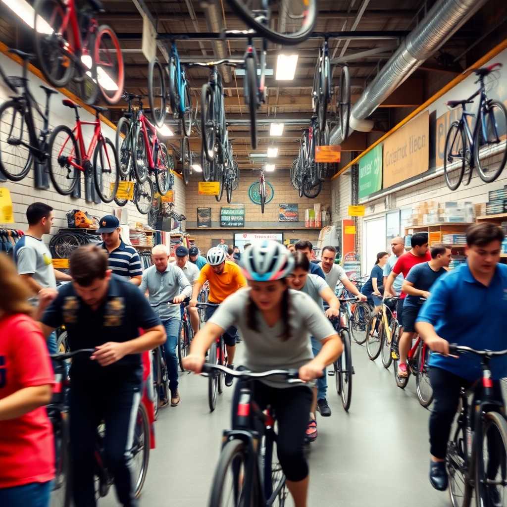 A busy bike shop with customers and staff rushing around