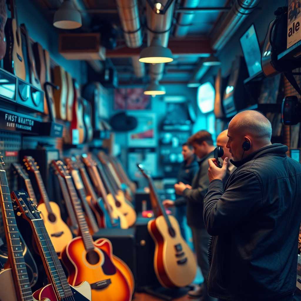 A busy music equipment store with phones ringing