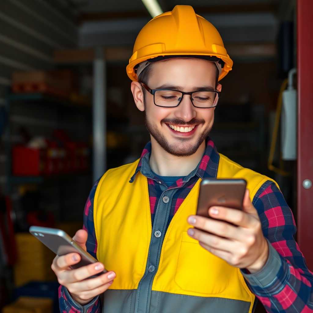 A satisfied handyman inputting data and checking messages on his smartphone.