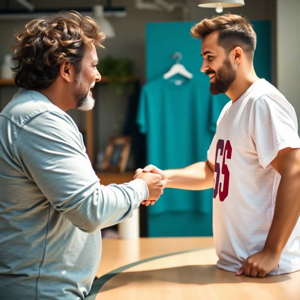 Owner handing a custom T-Shirt to a satisfied customer