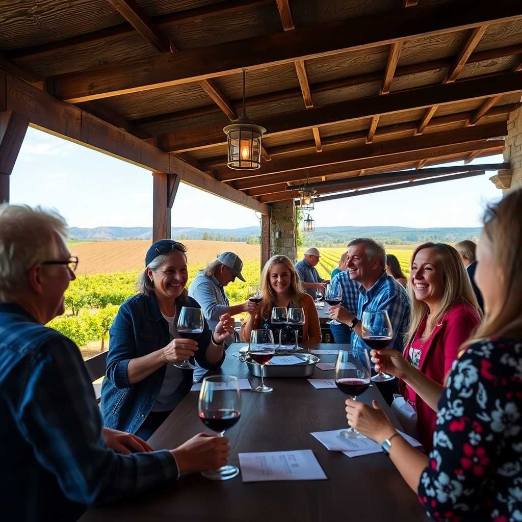 Happy customers enjoying wine tasting at a local vineyard.