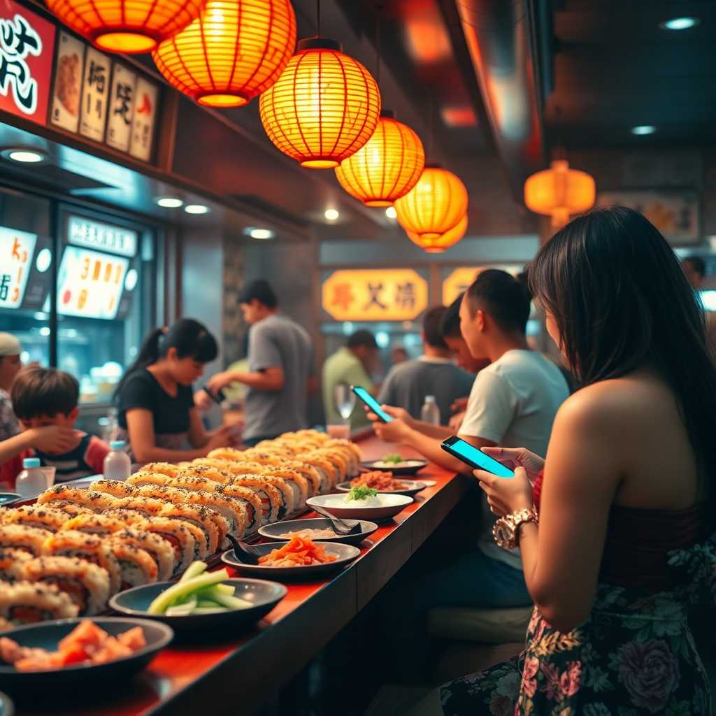 A bustling sushi bar with a flurry of incoming text messages.