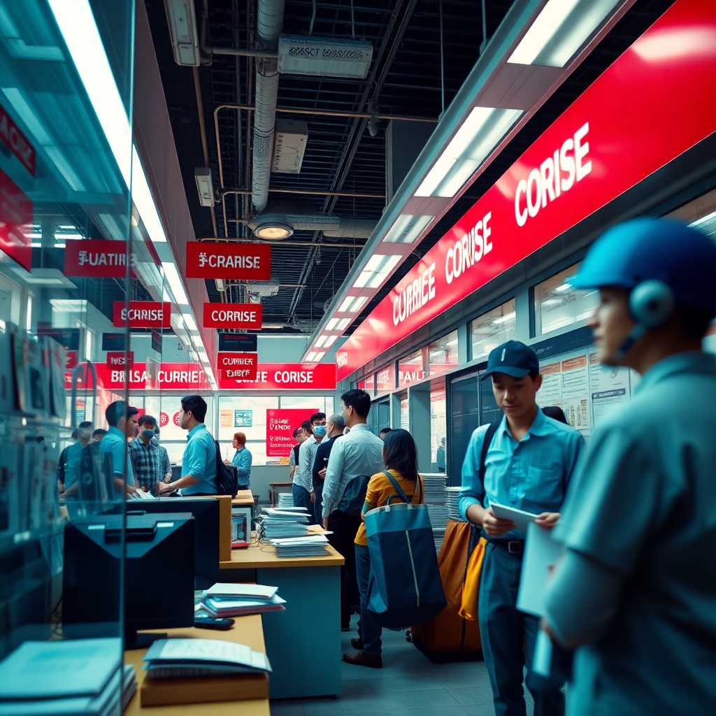 A courier service office bustling with activity and incoming messages.