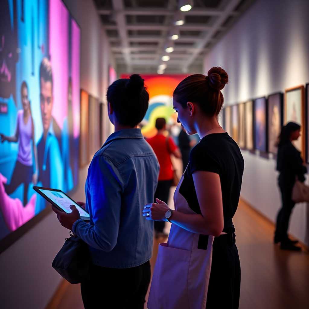 Art gallery staff using a tablet to monitor SMS queries