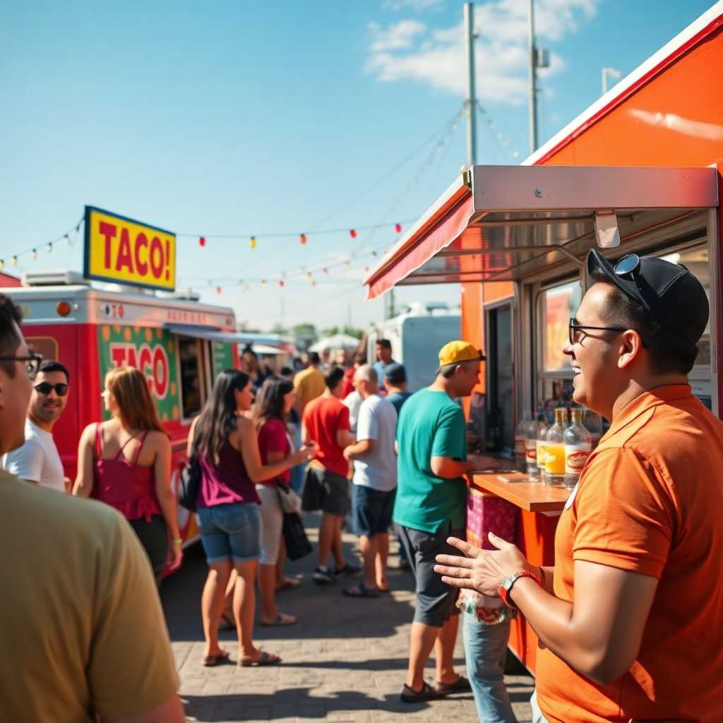 Food truck festival featuring taco trucks with delighted customers