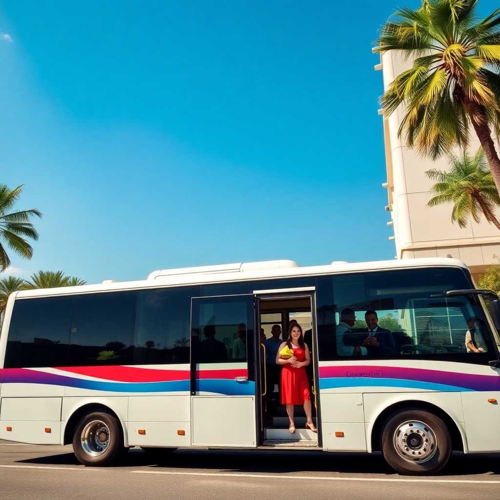 Happy customers boarding a chartered bus