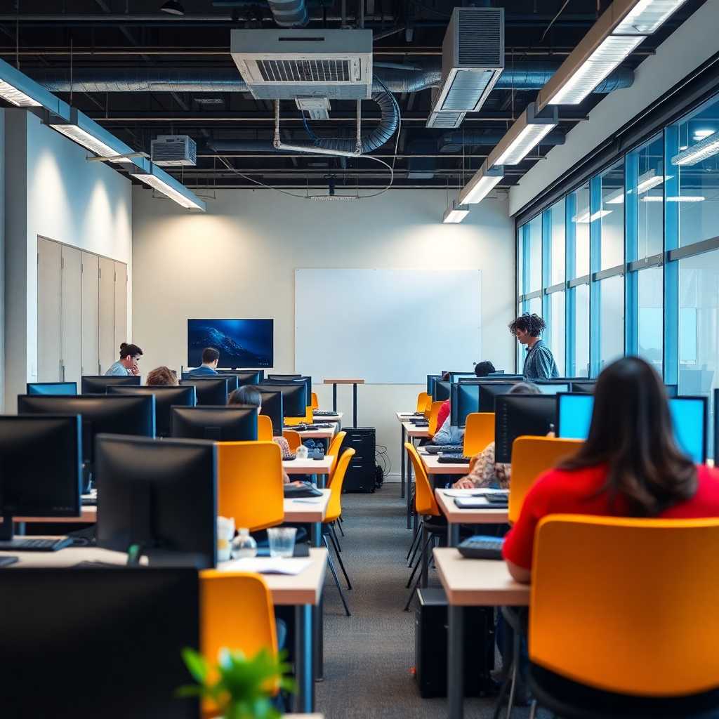 A bustling IT Training Center with staff handling multiple tasks efficiently