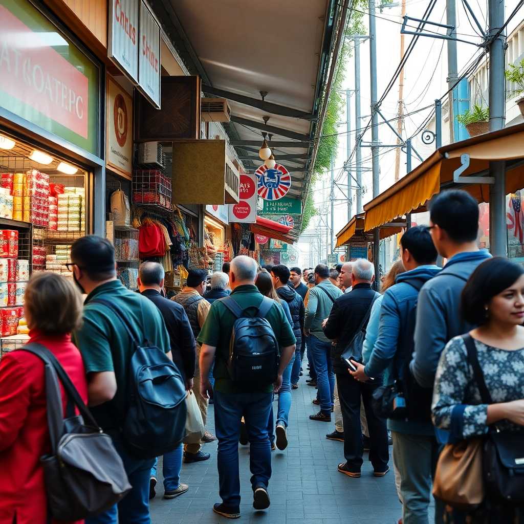 Busy outdoor store customer interactions