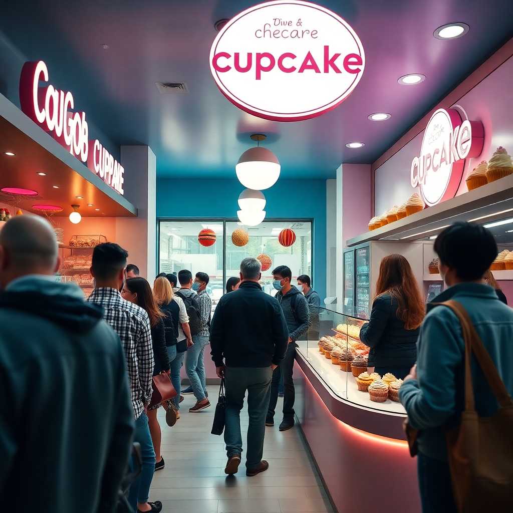 Bustling cupcake shop with a queue of customers