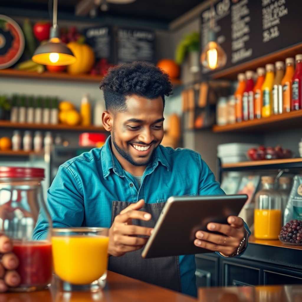 Happy juice bar owner reviewing messages on a tablet