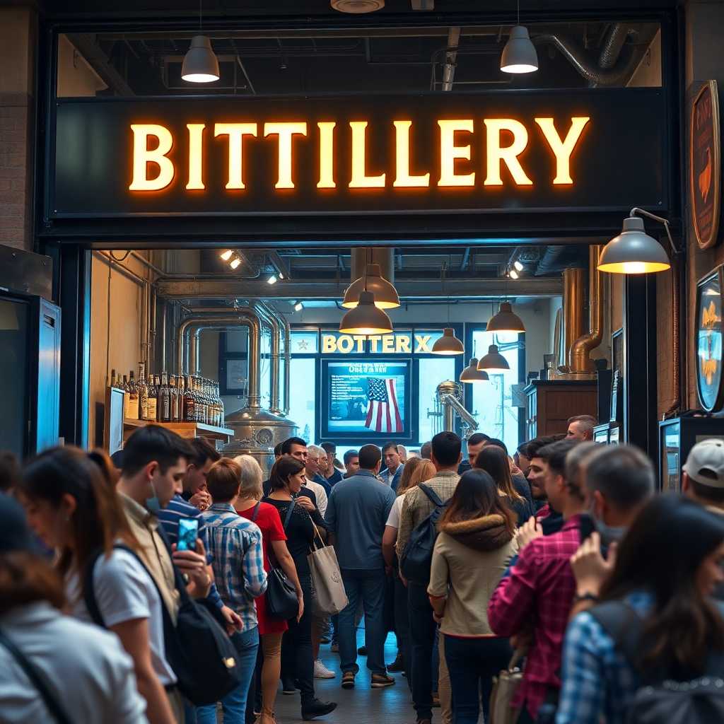 Busy distillery storefront bustling with visitors and buzzing phones.