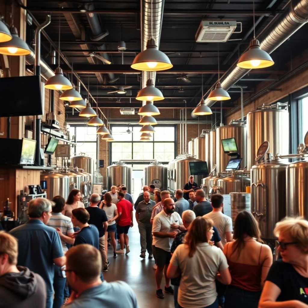 The busy interior of a bustling craft brewery