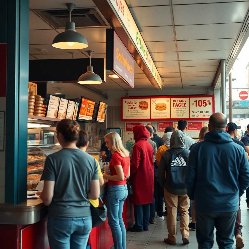 A bustling sandwich shop with a queue at the register