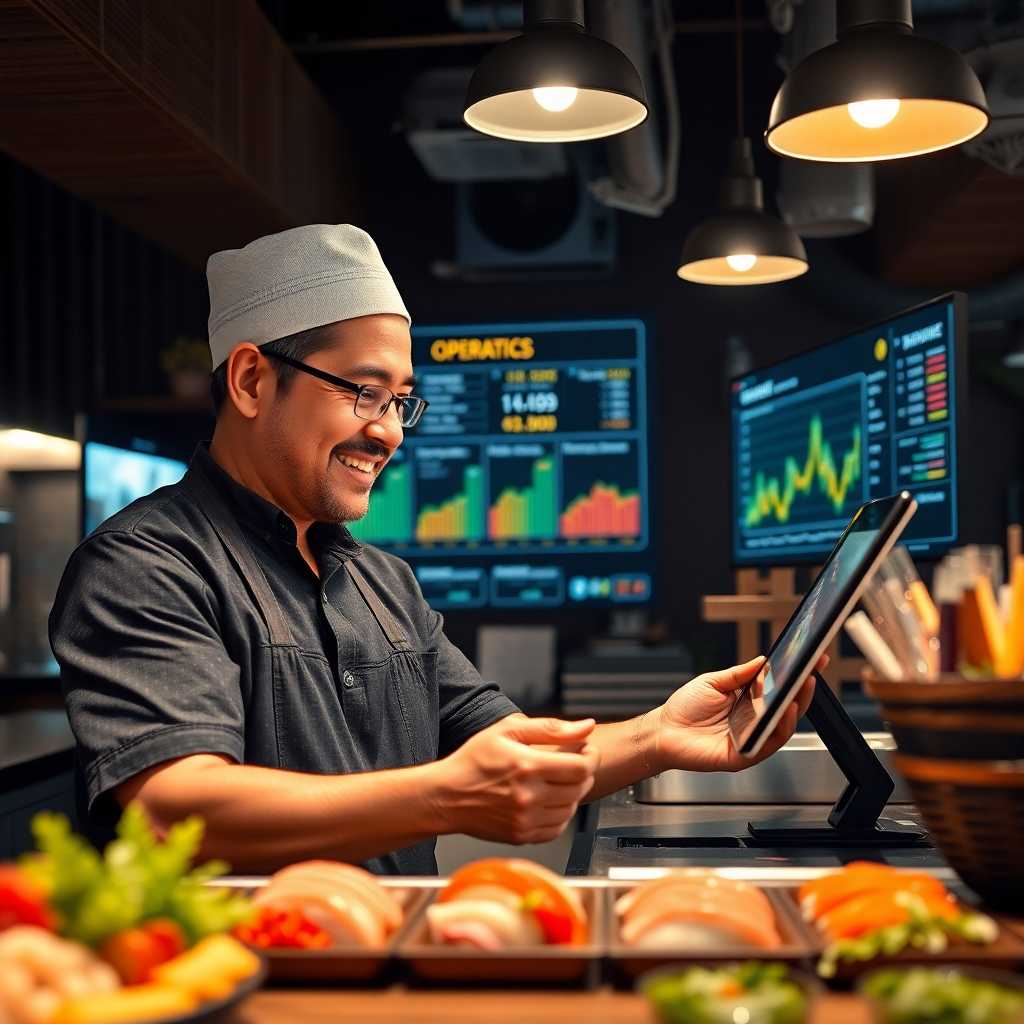 A happy sushi bar owner looking at their streamlined operations summary panel.