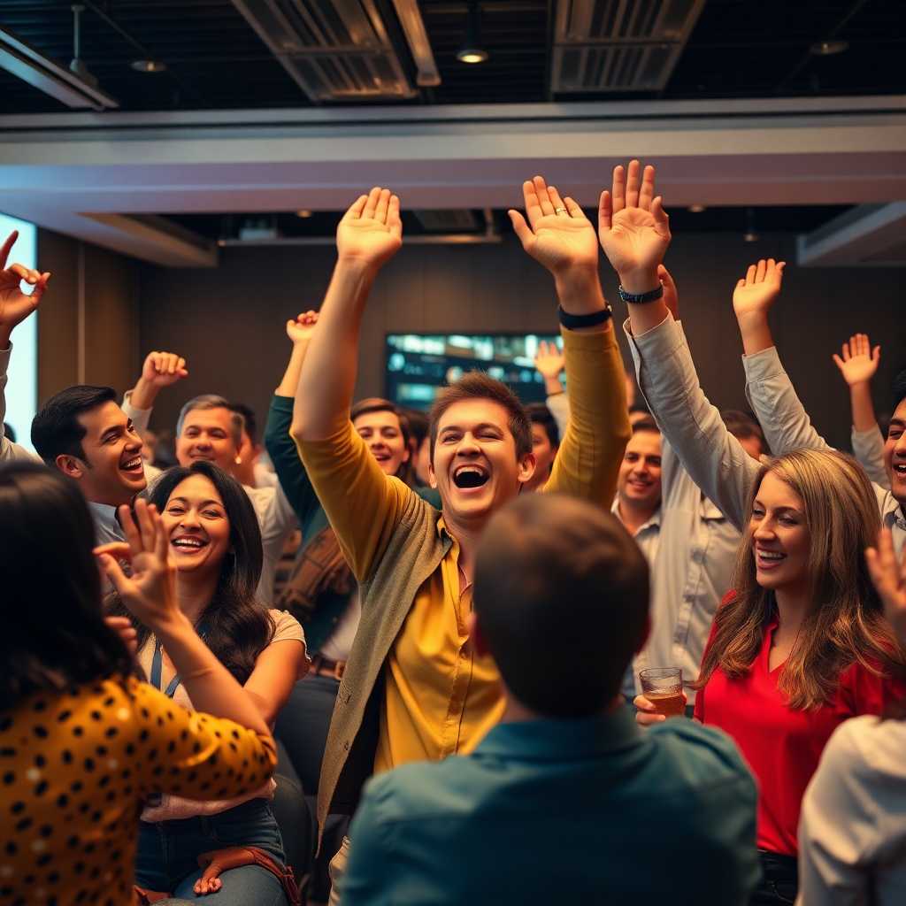 Employees celebrating at a company meeting