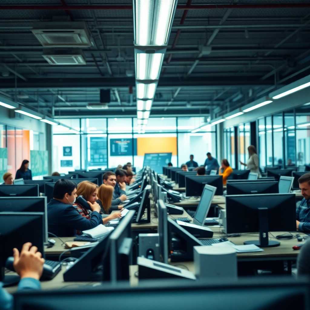 Bustling office environment with phones ringing off the hook.
