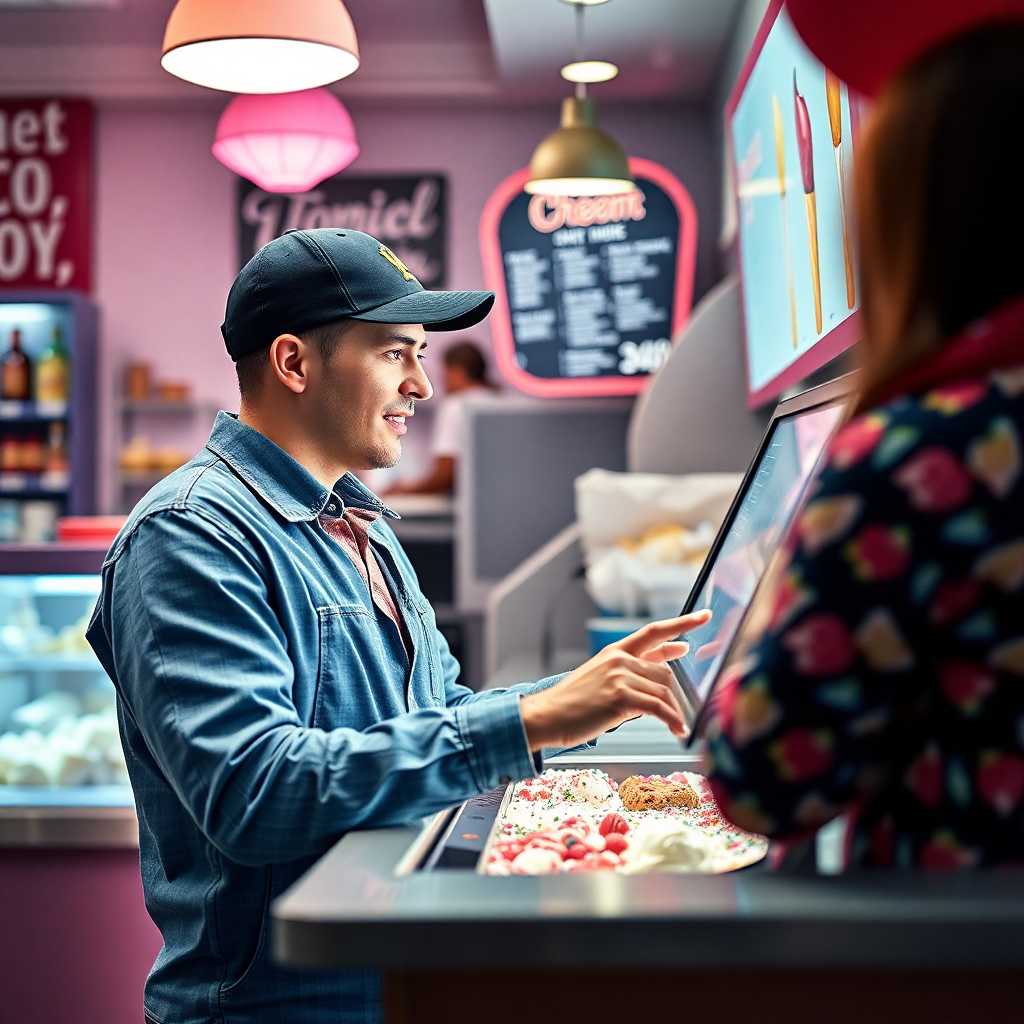 Ice cream shop owner interacting with digital customer interface