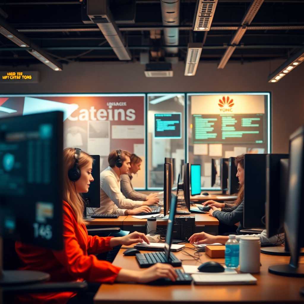 A busy tech support office managing multiple customer queries.