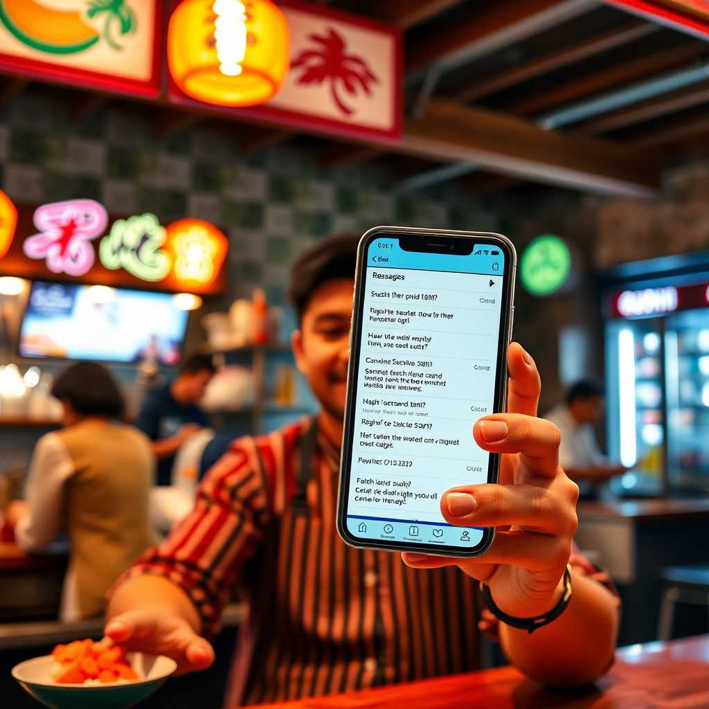 A successful sushi bar owner showing their phone displaying a series of resolved text messages