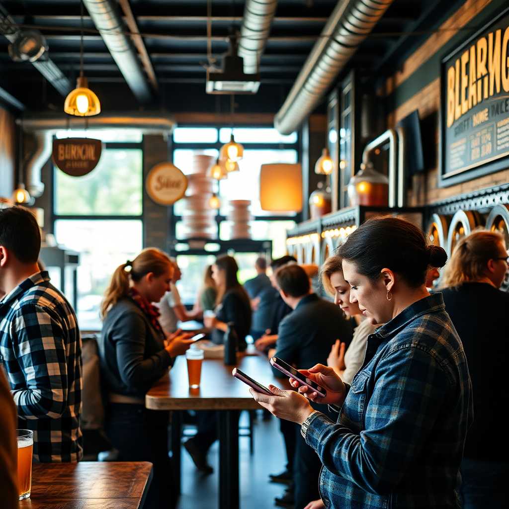 Busy craft brewery with customers exchanging texts