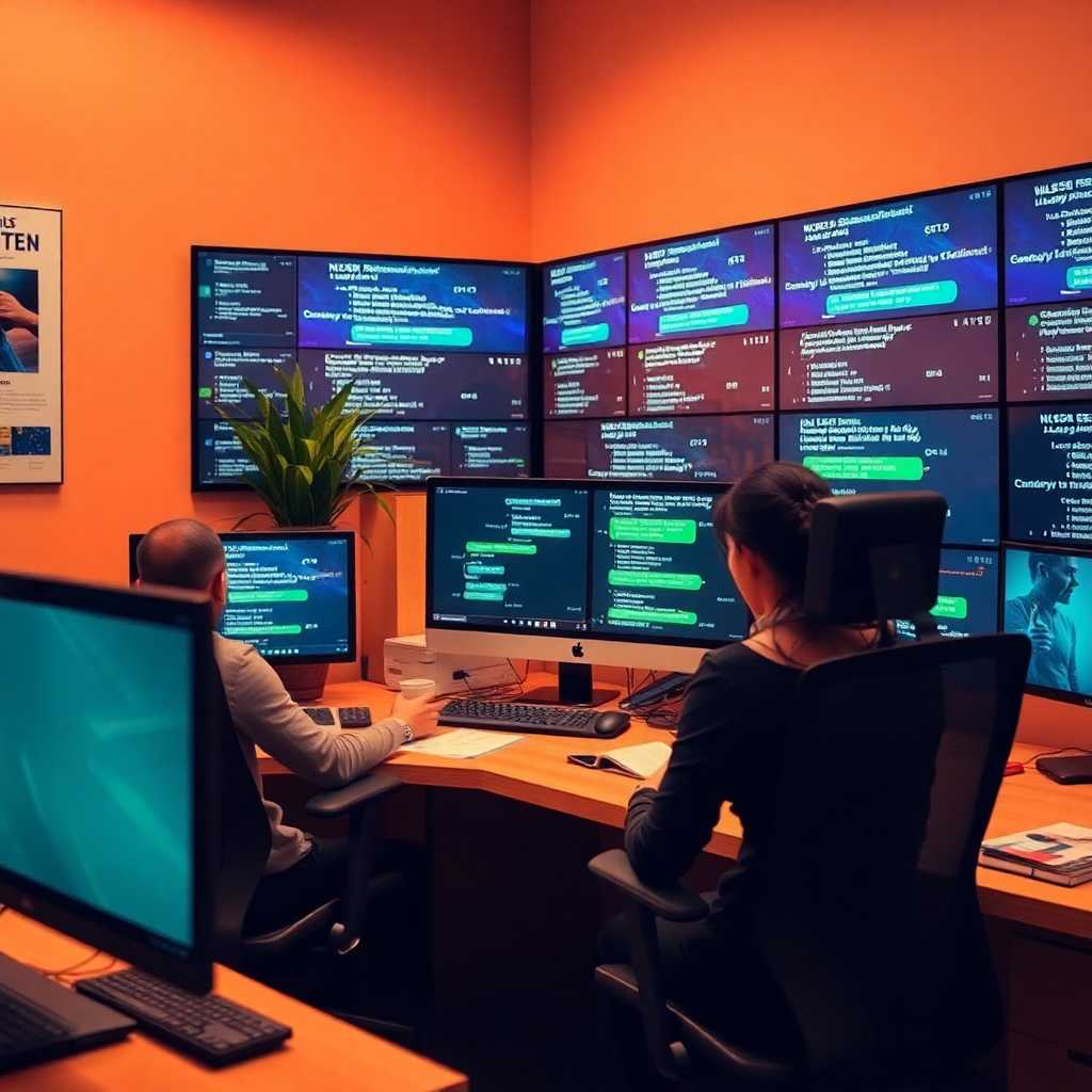 Corner office with SMS activity on screen