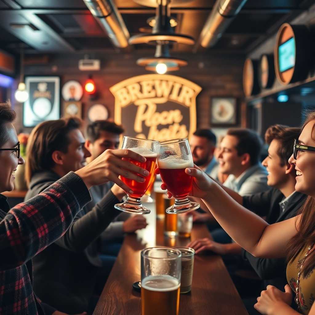 Happy patrons clinking glasses in a lively brewpub scene