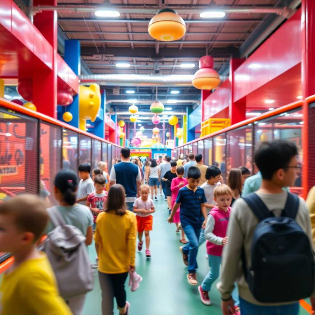 Busy indoor play center during peak hours.