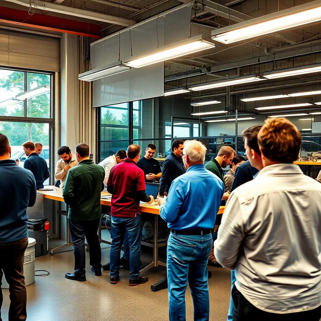 A bustling window tinting workshop with staff attending to multiple clients