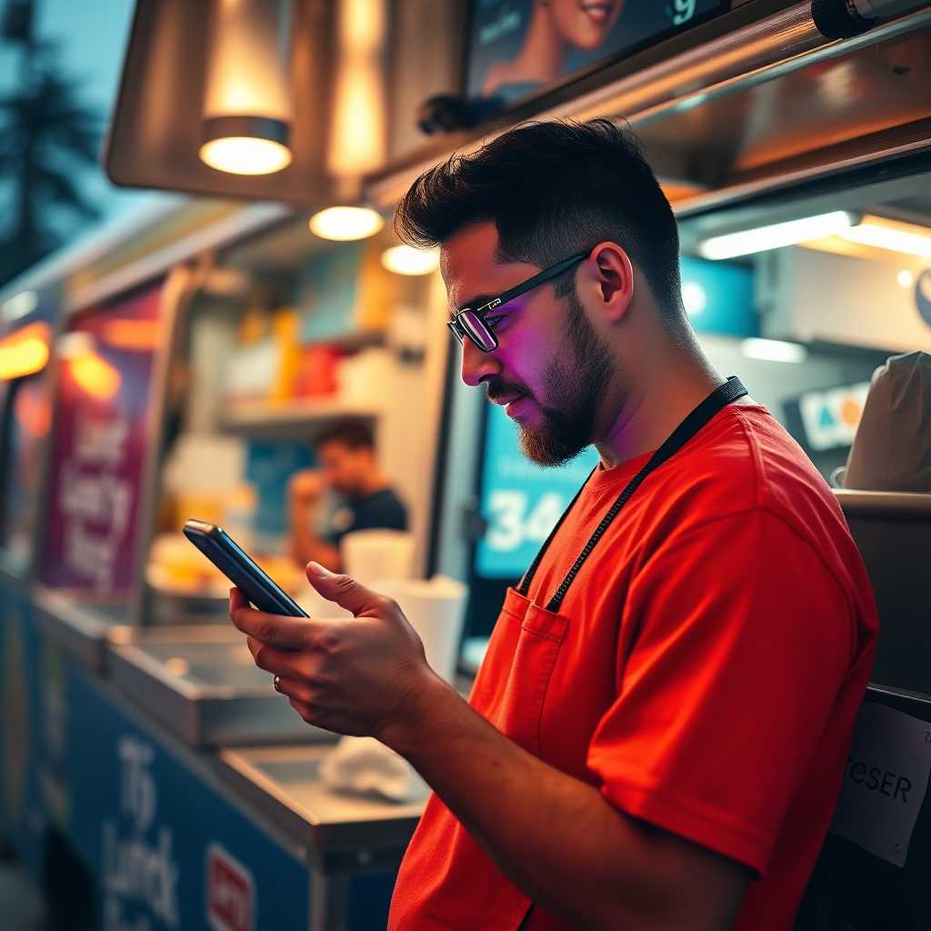 Food truck owner checking mobile updates