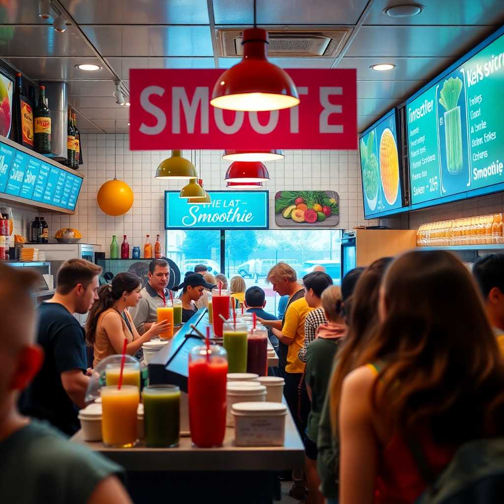A crowded smoothie bar with staff juggling orders