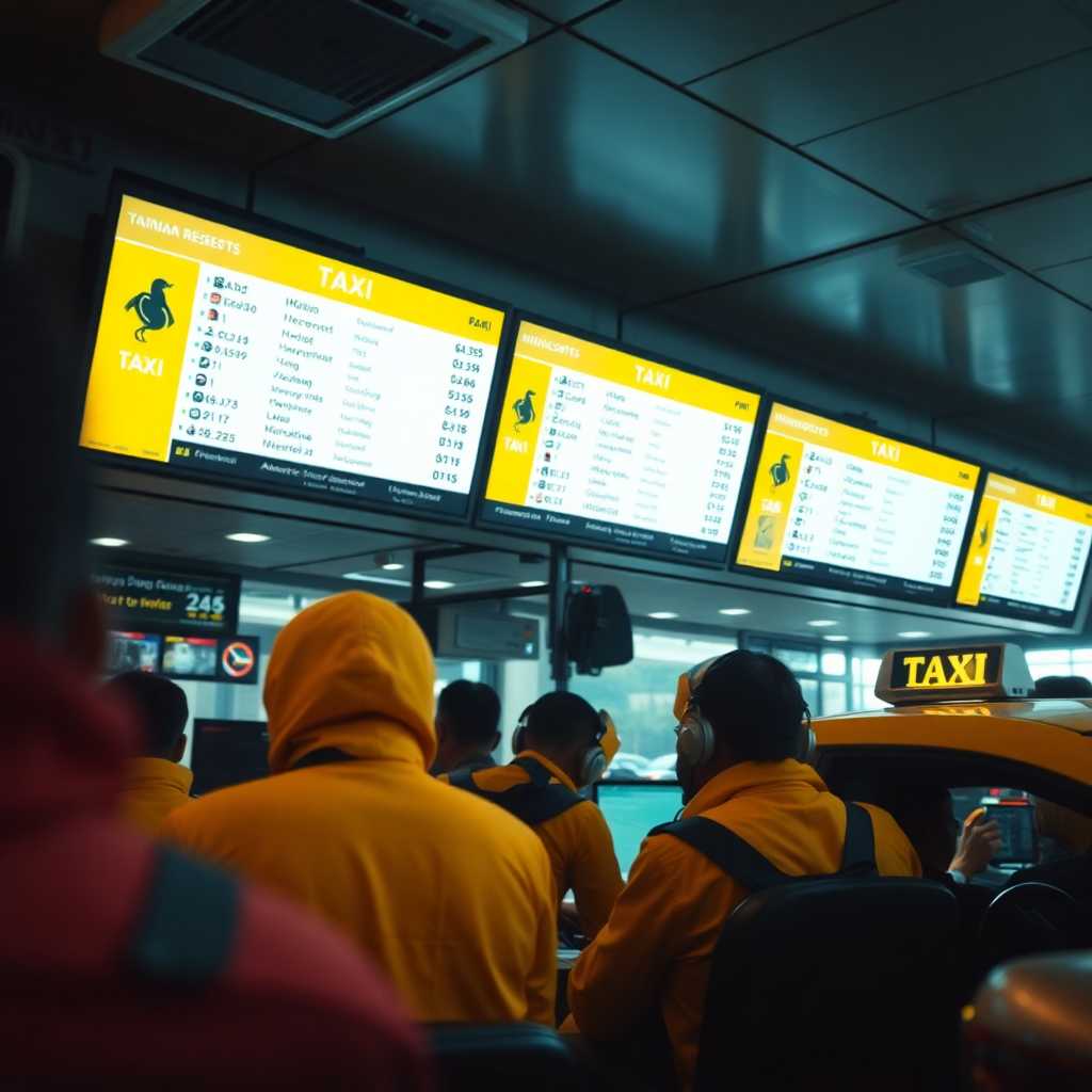 A bustling taxi dispatch center with multiple screens showing incoming requests