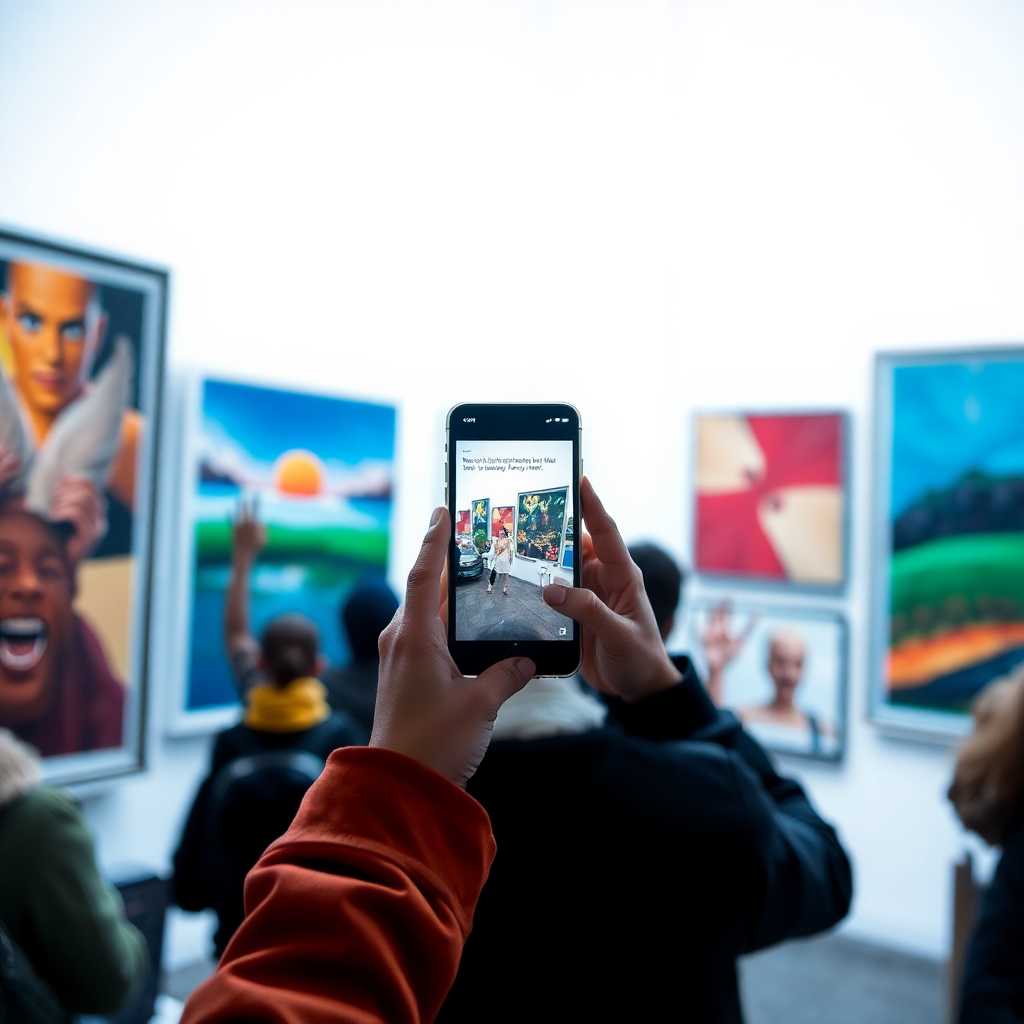 Customer reviewing art pieces with integrated SMS support on phone