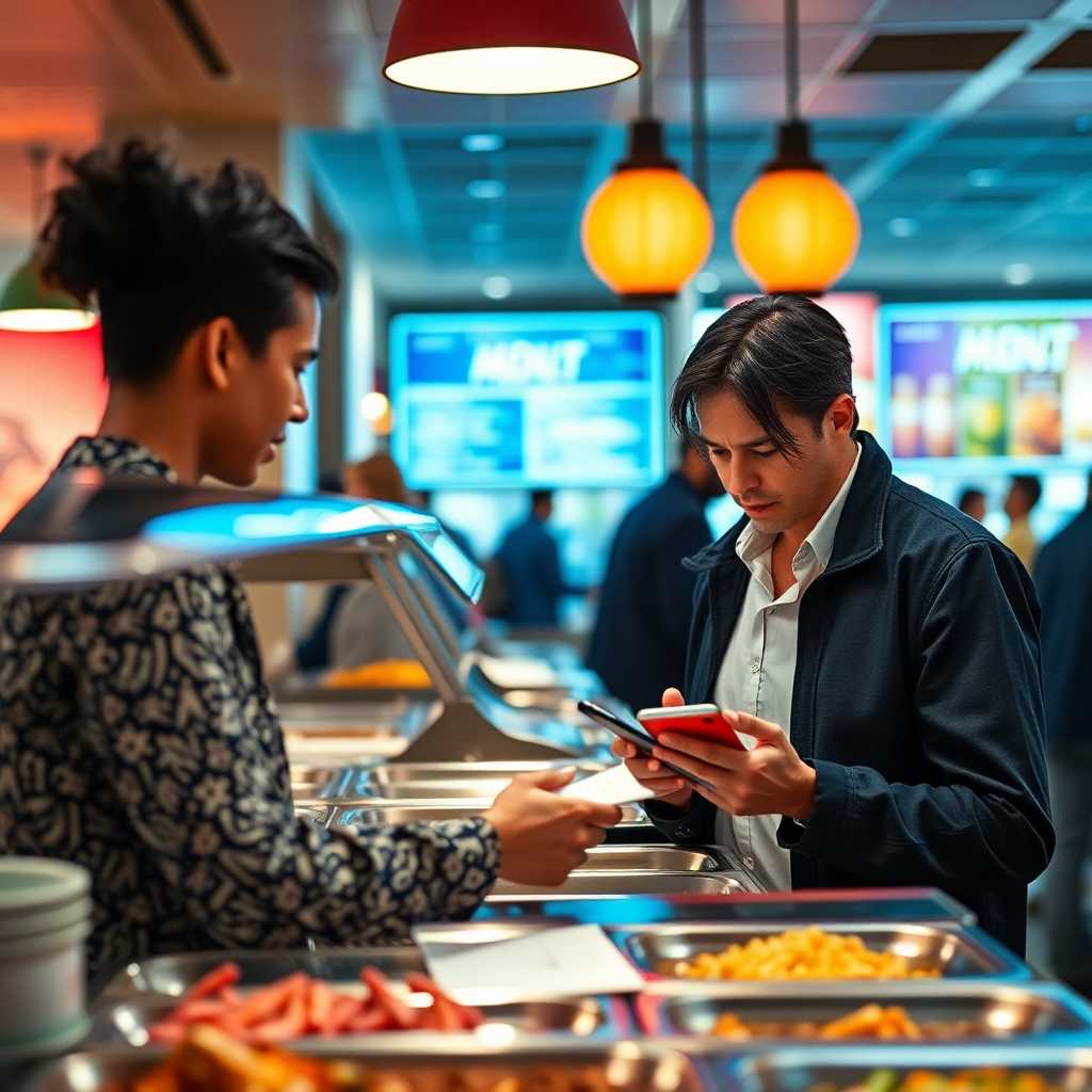 A customer browsing a buffet menu while texting