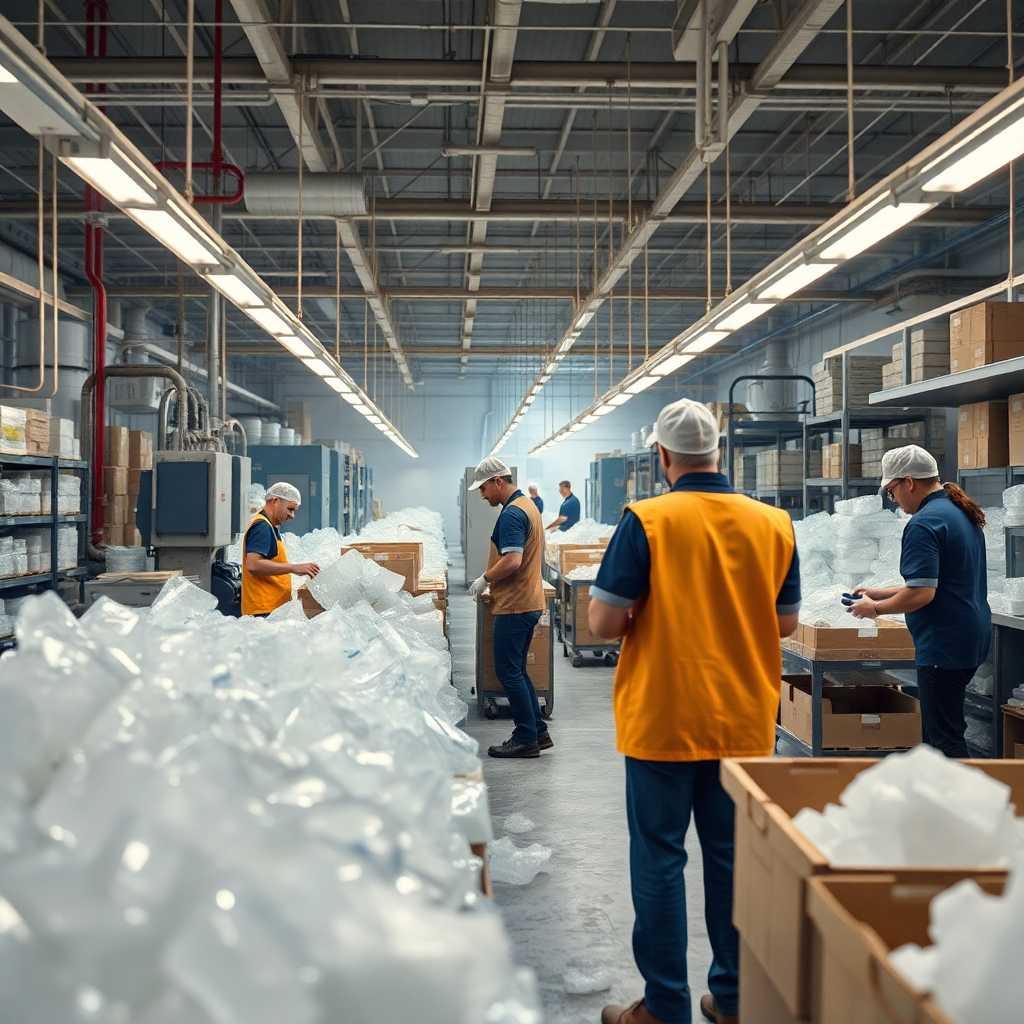 A busy ice factory floor as workers manage large orders