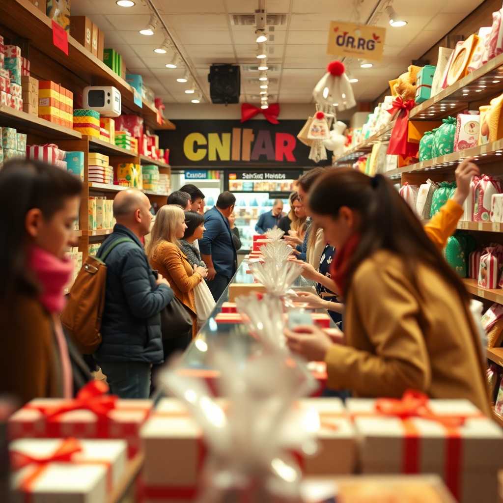 Busy gift shop with customers interacting