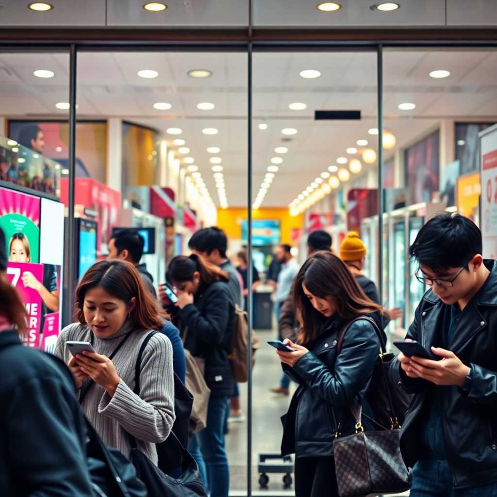 A busy storefront with customers texting on their phones
