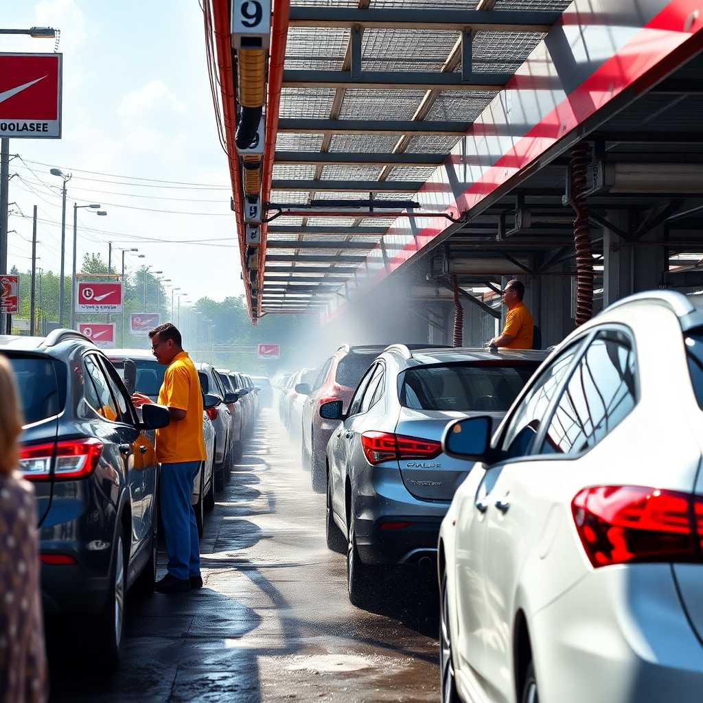 A bustling mobile car wash with employees attending to multiple vehicles
