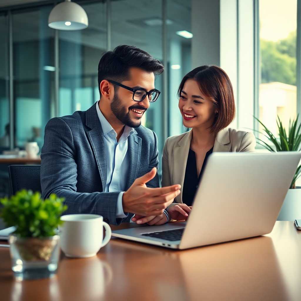 Consultant managing a bilingual conversation on a laptop