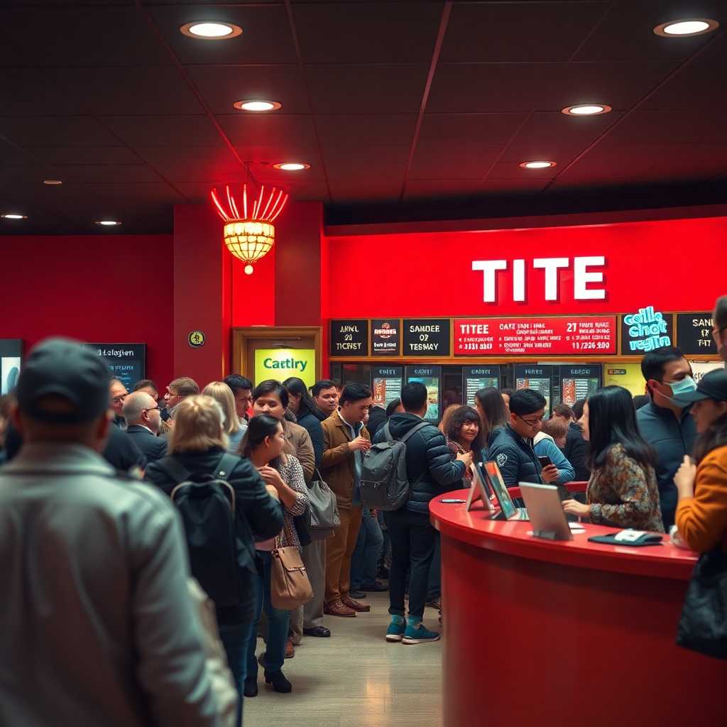 A vibrant box office scene with eager theatergoers and a busy ticket counter.