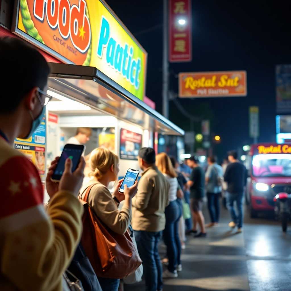 A bustling food truck with a waiting line of customers holding phones