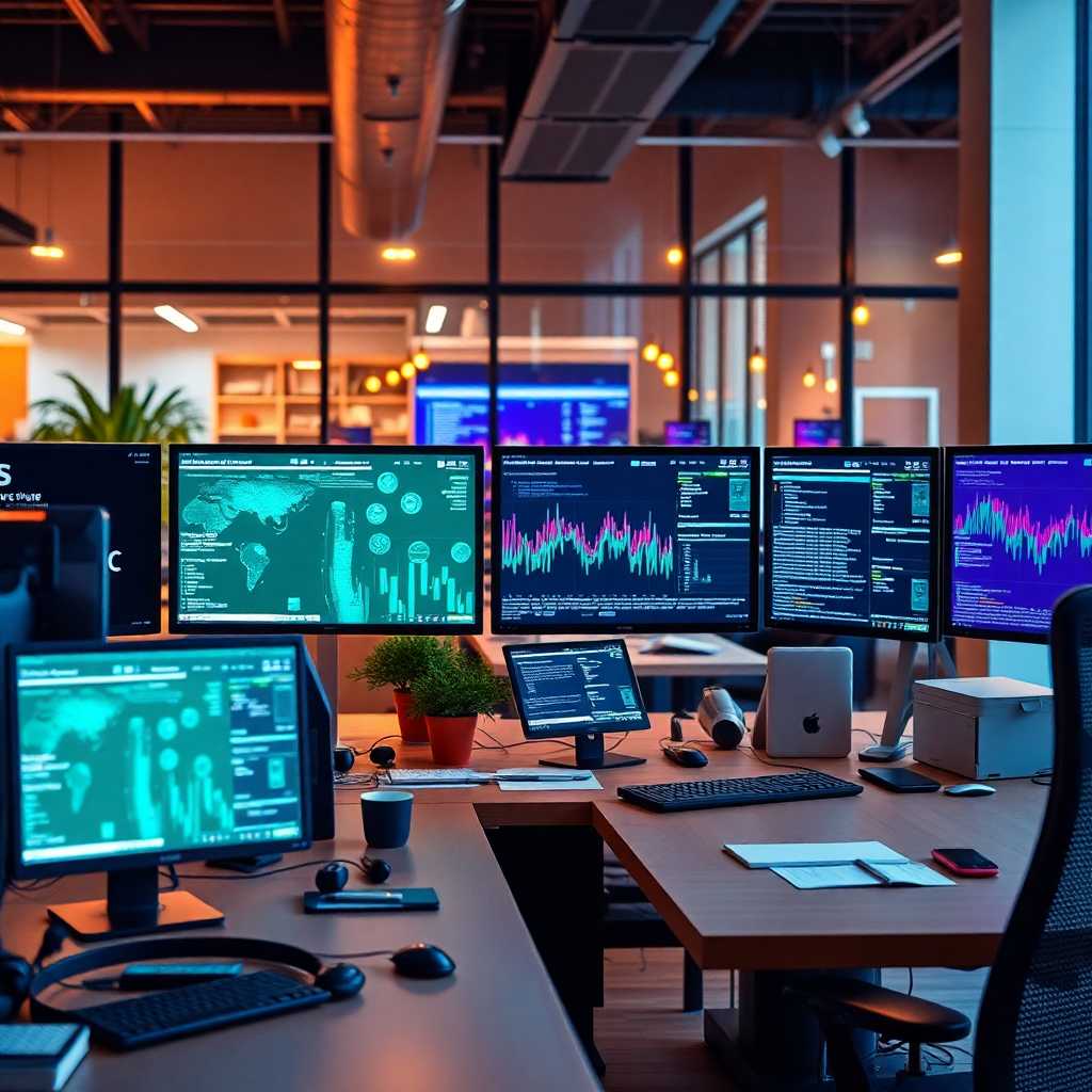 Modern office desk with digital interfaces