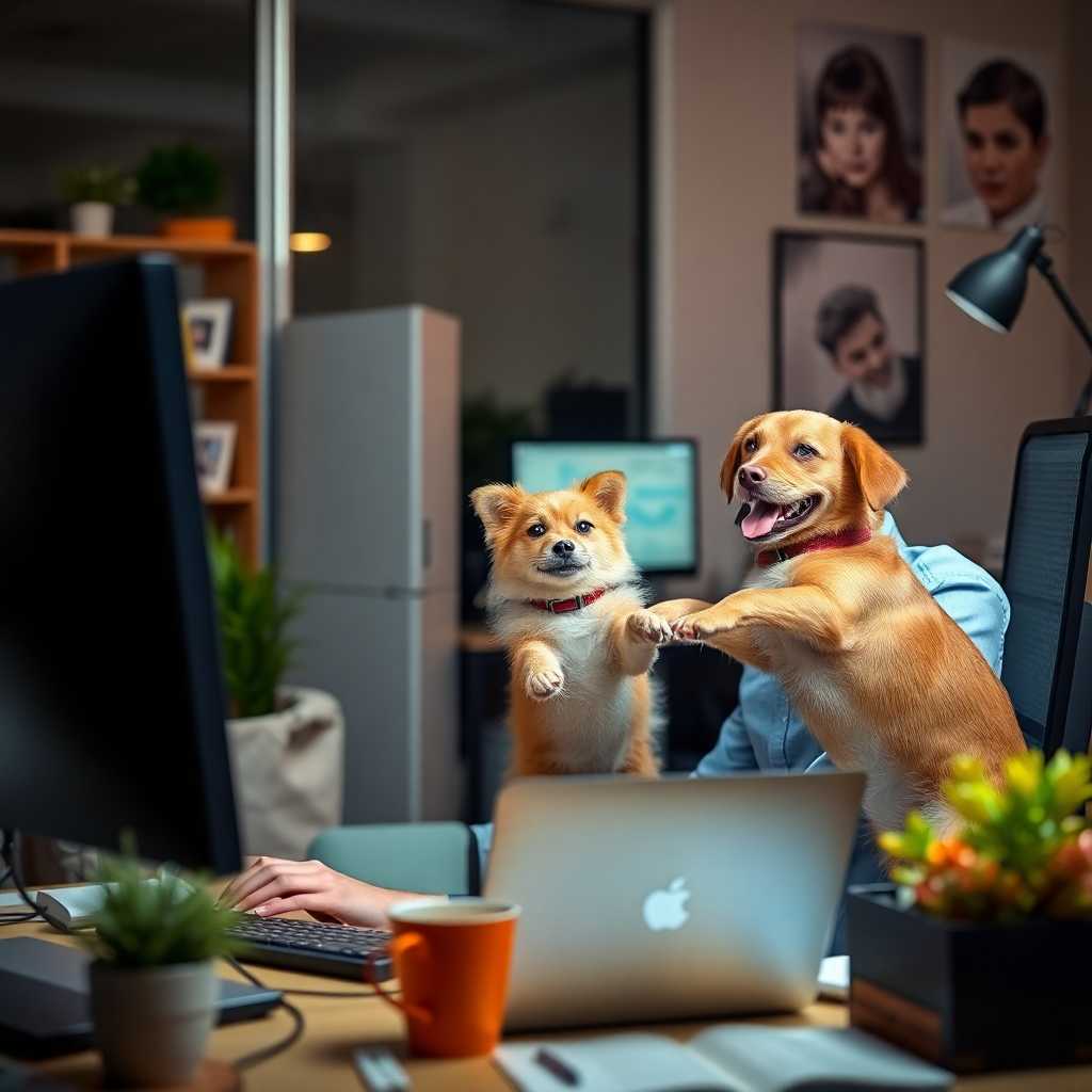 An employee multitasking at a computer while juggling pet-care tasks.